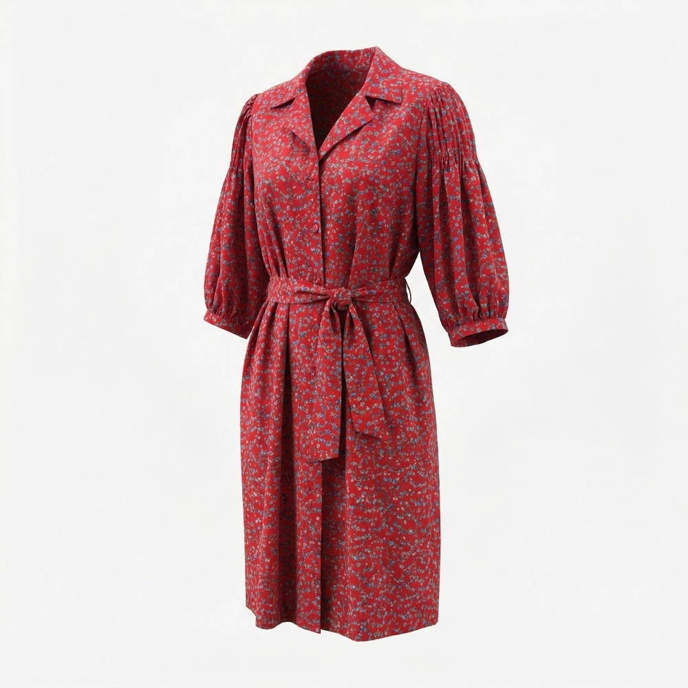 Red Silk‎ Floral Print Dress Womens Large Button Up Front Belted Vintage
